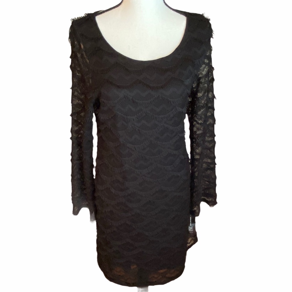 INC Black Fringe Long Sleeve Dress, Size Medium